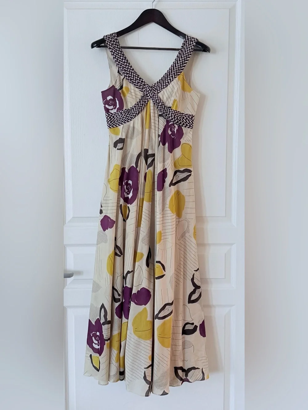 Moulinette Soeurs Beige Maxi Dress with Purple & Yellow Floral Print